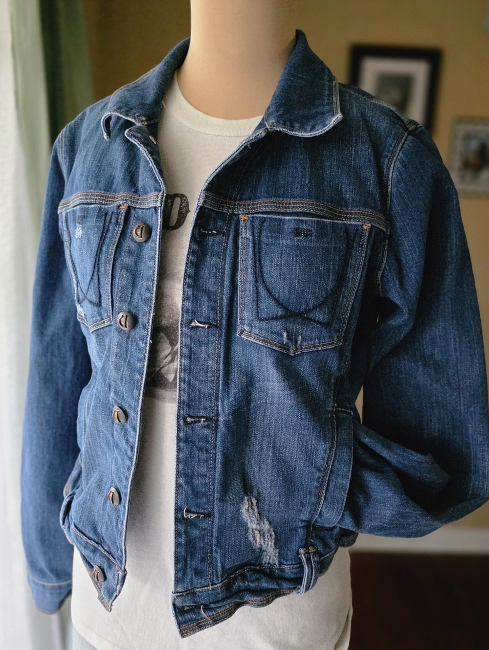 Distressed Denim Jacket Trucker U by Yanuk  Women's Size Medium Coastal‎ Cowgirl